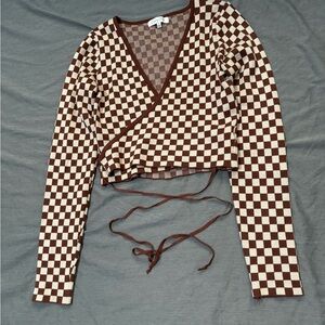 Brown Checkered Wrap Top